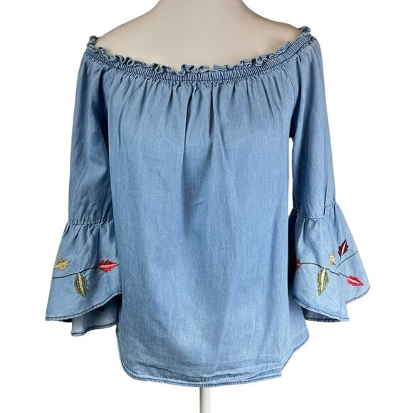 Speed Limit Mph Blue Off-Shoulder Embroidered Ruffle Sleeve Top Size M Cotton - Picture 2 of 9